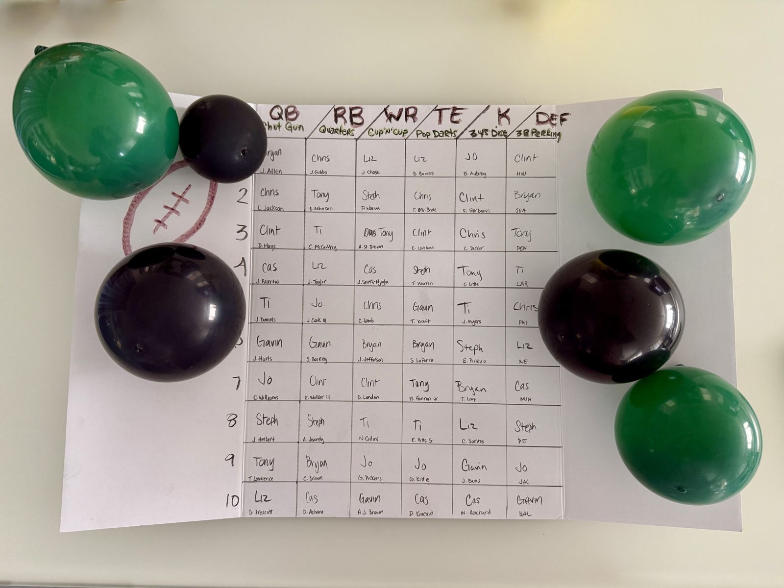 A handwritten draft board on folded paper, surrounded by green and black balloons. Six columns headed QB Shot Gun, RB Quarters, WR Cup 'n' Cup, TE Pop Darts, K 3-4-5 Dice and DEF 3B Parking, with ten numbered rows recording each competitor and the player they took.